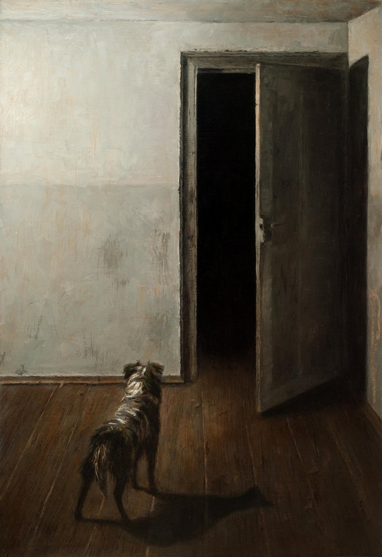 a dog looking alert at a pitch-black empty doorframe